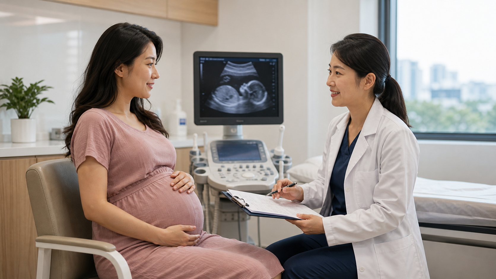 Current antenatal clinic care with a pregnant patient and clinician