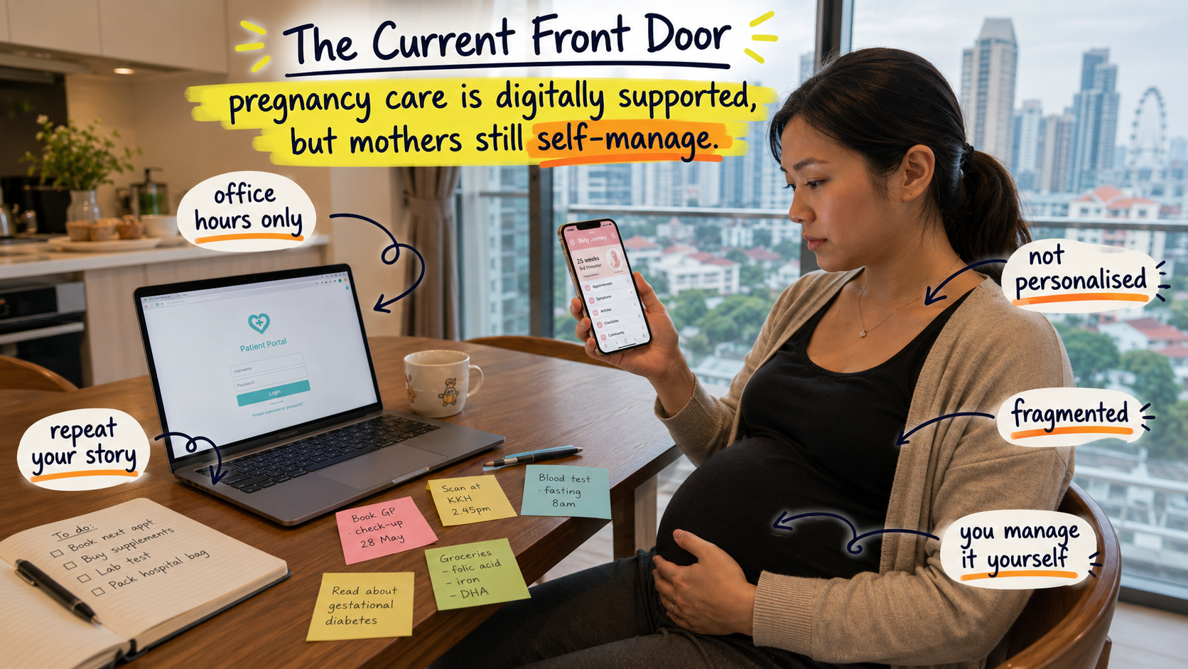 Current healthcare front door with portals, apps, professionals, and administrators
