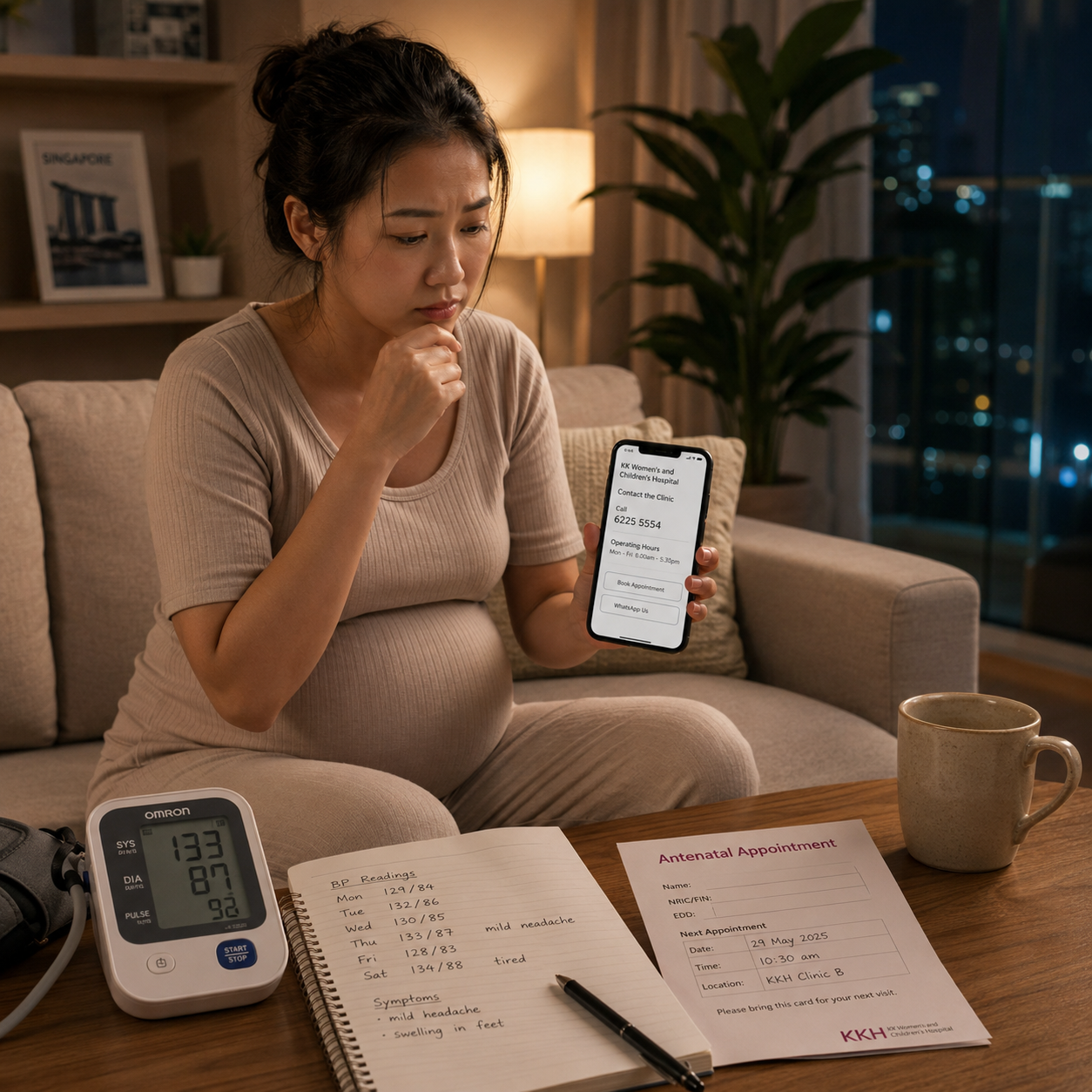 Pregnant mother noticing symptoms and tracking concerns